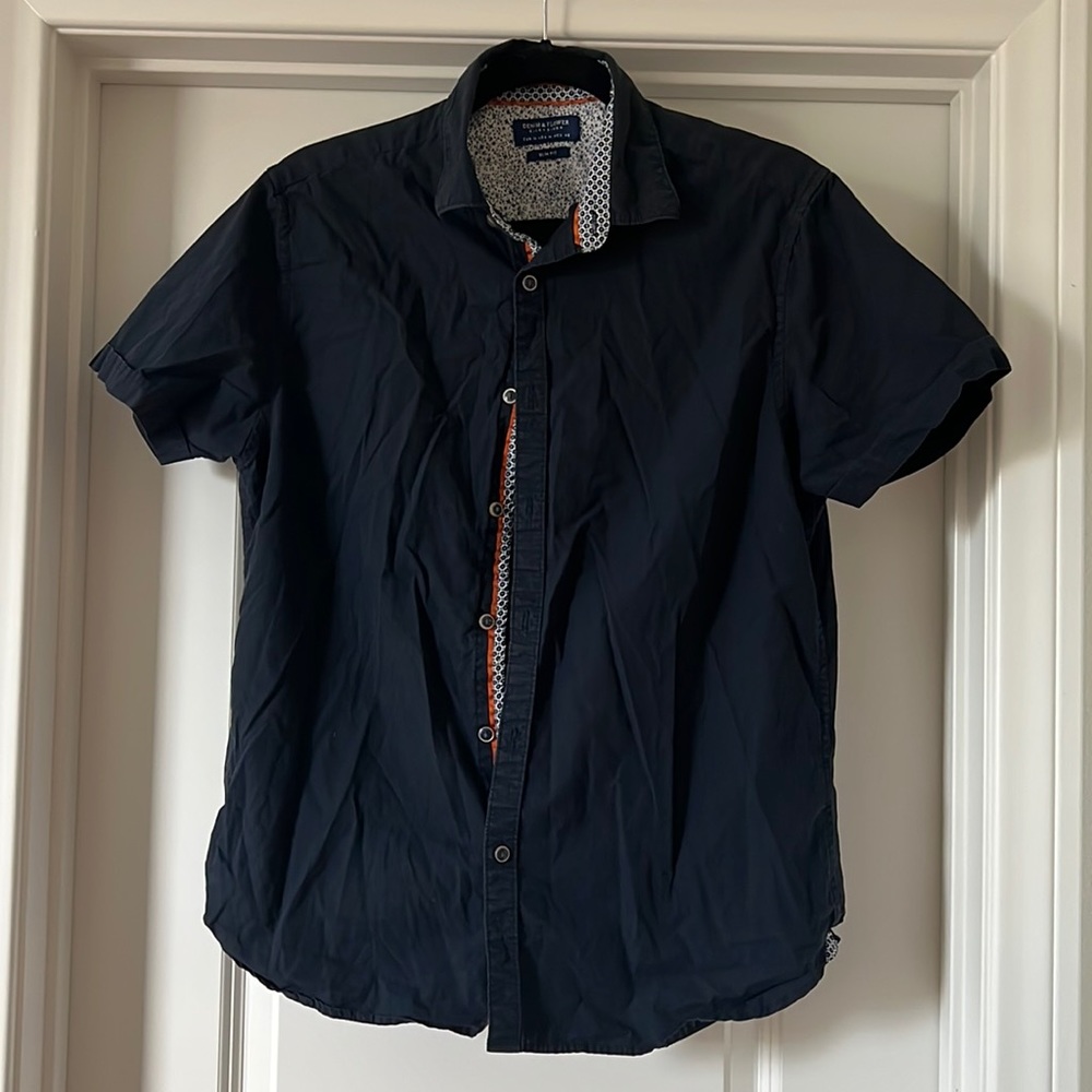 Denim & Flower, men’s short sleeve shirt, dark navy blue, slim fit, medium